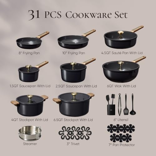 CAROTE 31pcs Ceramic Cookware Sets, Pots and Pans Set, with Wok