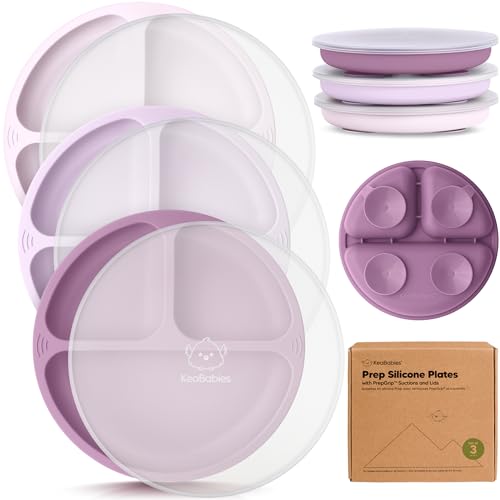 KeaBabies Suction Plates with Lids for Baby, 3pk,BPA-Free Silicone,Amethyst | Food Grade Silicone Toddler Plates with Suction, Divided, Kids Baby Led Weaning Essentials, Dishwasher & Microwave Safe