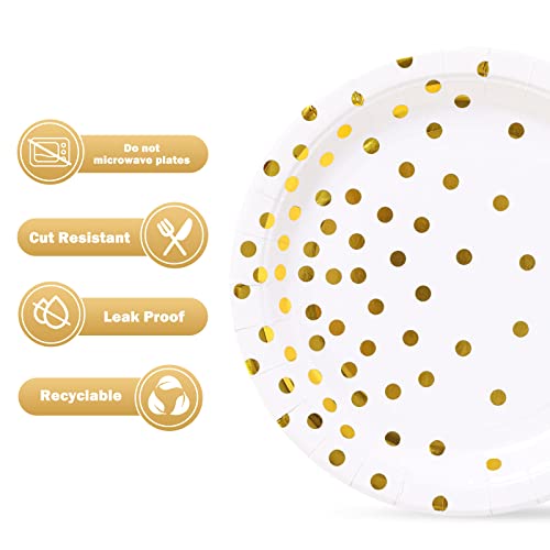 White and Gold Party Supplies,Gold Dot Paper Dessert Plates (50-Count) | 7inch Disposable White Gold Paper Party Plates for Birthday,Wedding,Bridal Showers,Christmas,Anniversaries,All Occasions
