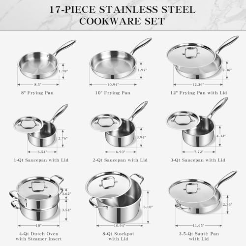 EWFEN Stainless Steel Cookware Set, 3 Ply 17 Piece Stainless Steel Pot and Pan Set, Oven Dishwasher Safe