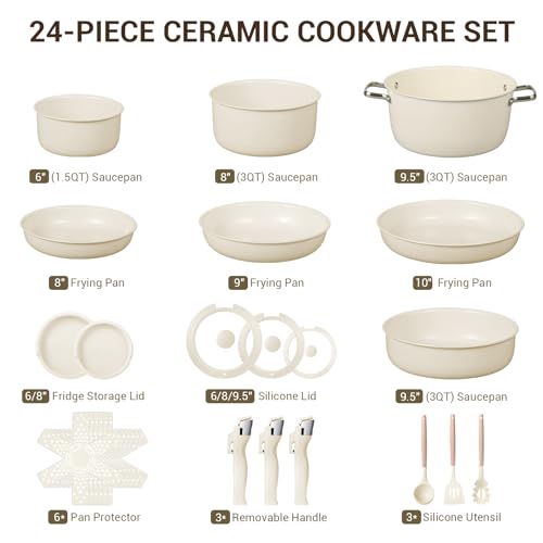 Ammeloo 24pcs Ceramic Cookware Set, Pots and Pans Set with Removable Handle