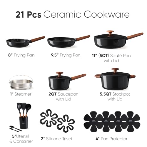 CAROTE 21pcs Ceramic Cookware Set, Pots and Pans Set