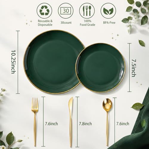 I00000 150Pcs Green Plastic Plates,Premium Disposable Plates for Wedding | Green Plates with Gold Rim,Gold Plates Set Include 30 Dinner Plates,30 Dessert Plates, 90 Plastic Silverware Set for Party