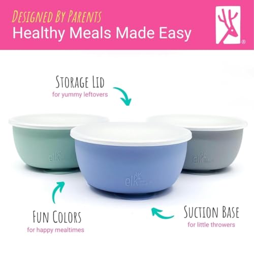 Elk and Friends Kids/Toddler Stainless Steel Suction Bowls + Lids | 4pk | Suitable for Babies | Silicone Suction Sleeves | Lids Included | Stay Put Suction | Dishwasher Safe | Baby Weaning Supplies