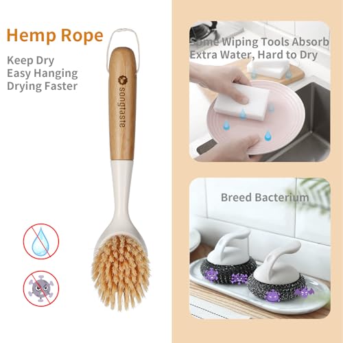 2 Pack Kitchen Dish Brush Bamboo Handle Dish Scrubber Built-in Scraper | Scrub Brush for Pans, Pots, Kitchen Sink Cleaning, Dishwashing and Cleaning Brushes are Perfect Cleaning Tools, White
