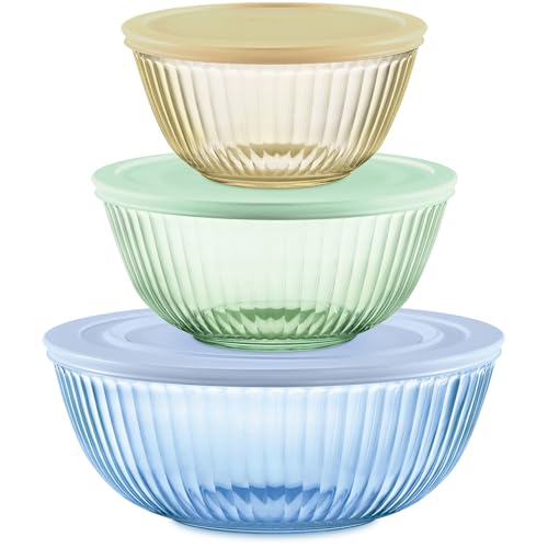 Pyrex Colors Tinted (3-Pack, Full Set) Sculpted Tinted Glass Mixing Bowls | 1.3, 2.3 & 4.5 QT nesting set of bowls with plastic lids for prepping & baking, dishwasher safe