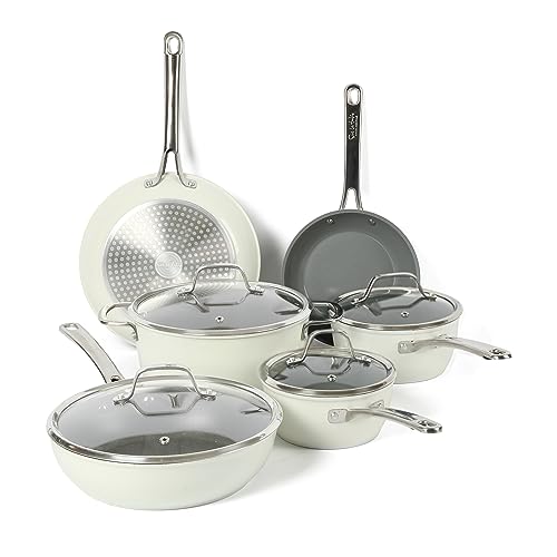 Sur La Table Kitchen Essentials 10 Piece PFA Free Non-Toxic Titanium Ceramic Nonstick Interior Forged Aluminum Cookware Pots and Pans Set - Linen White - Induction Compatible
