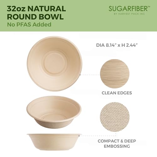 32oz Compostable Paper Bowls Disposable Round Natural Soup Bowls, 50 Count | Eco-Friendly,Heavy-Duty,Biodegradable,Sugarcane,Bagasse,Soup,Salad,Microwavable,Meal Prep,Takeout,Dinnerware,Sugarfiber