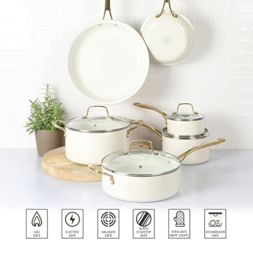 Martha Stewart Lockton Premium Non stick Non Toxic PFA Free Ceramic Interior 10 Piece Heavy Gauge Enamel Aluminum Pots and Pans Cookware Set - Linen White w/Gold Handle