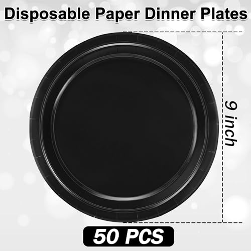 50 Pcs Paper Plates 9 Inches Black Plates, Disposable Party Tableware Set | Heavy-duty Dinner Plates, Round Party Plates for Wedding Birthday Decorations, Black Party Supplies for Daily Meals Picnic
