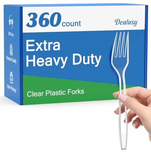 Dealusy 360 Count Extra Heavy Duty Clear Plastic Forks Disposable | BPA-Free, Heat Resistant, Solid and Durable Disposable Forks Bulk, Premium Plastic Forks Heavy Duty for Party Supply
