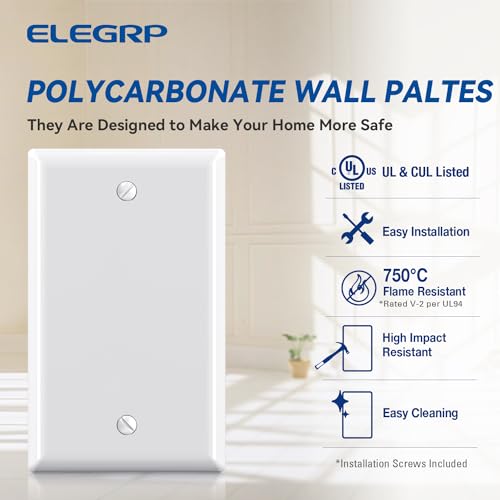 ELEGRP 1-Gang Blank Device Wall Plates, Standard Size 4.5" H x 2.75 L Unbreakable Thermoplastic Blank Faceplate Cover for Unused Outlets/Switches, UL Listed (5 Pack, Glossy White)