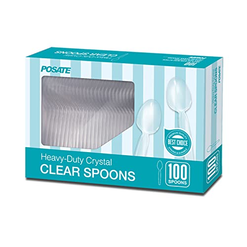 POSATE Plastic Spoons Heavy Duty, Clear Disposable Silverware 100 Count | BPA-Free, Heat Resistant Heavyweight Spoons Quality Cutlery Sturdy Utensils for Party Dinner Lunch Butter Cake Wedding