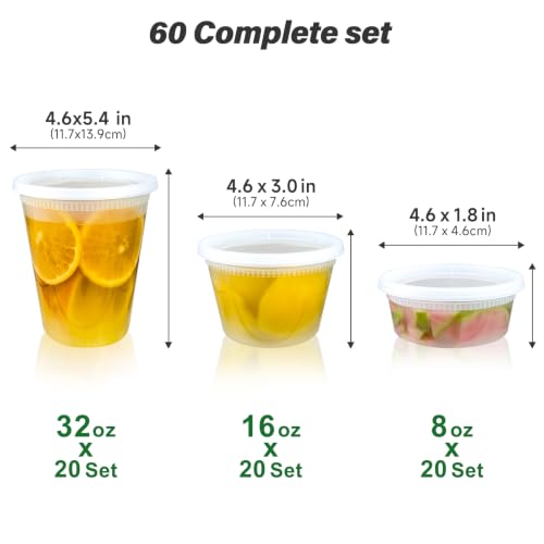 Dealusy 60 Set Deli Containers with Lids, 32/16/8 oz X 20 Set Each | Leak-Proof BPA Free Plastic Take Out Bowls, Food Storage Containers for Takeout, Freezer, Microwave & Dishwasher Safe