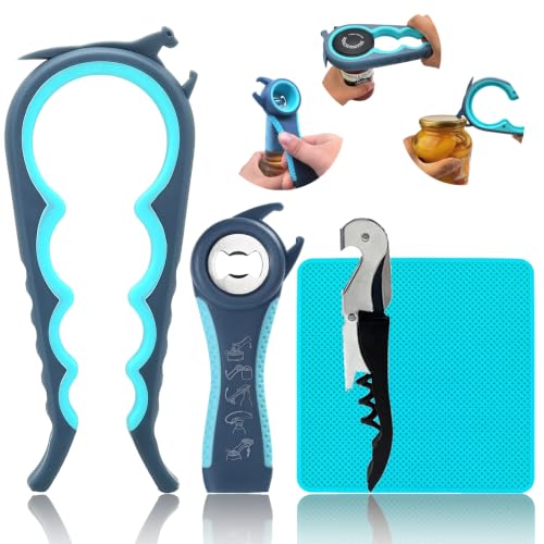 Jar Opener for Weak Hands, Seniors with Arthritis, 5 in 1 Bottle Opener | Multi-use Lid Opener Set with Non-slip Rubber Gripper Pad & Wine Opener, Great for Senior Parents, Grandparents or Loved Ones