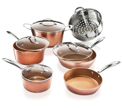 Gotham Steel Hammered 15 Pc Ceramic Cookware Set, Induction Pots and Pans Set Non Stick with Cooking Utensils & Steamer, Non Toxic Ceramic & Titanium Coating PFOA PFOS Free, Oven & Dishwasher Safe