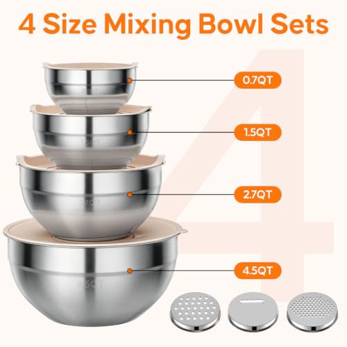 Winproper Stainless Steel Mixing Bowls with Lids Set, 4 Pack Cooking Bowls | Nesting Mixing Bowls with 3 Grater Attachments, Kitchen Airtight Metal Bowls, Size 4.5, 2.7, 1.5, 0.7QT for Mixing, Baking