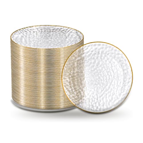 R-kay 100 Pack Clear Plastic Plates - 6.25 IN Hammered Gold Rimmed Sturdy, Durable And Extra Heavy duty Gold Plastic Dessert Plates Disposable - Ideal For Appetizer And And For Desserts.