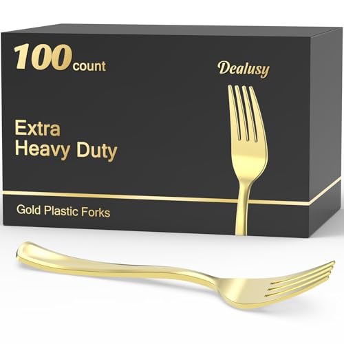 Dealusy 100 Count Heavy Duty Gold Plastic Forks Disposable | BPA-Free, Heat Resistant, Solid and Durable Premium Plastic Disposable Forks for Party Supply