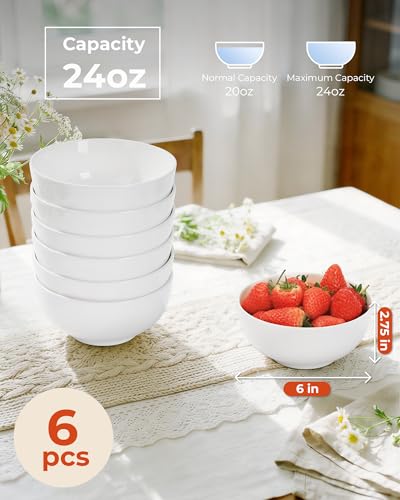 Quatish Cereal Bowls Set of 6, 24 OZ Soup Bowl, Durable Ceramic Bowls | Easy to Clean, Microwave & Dishwasher Freezer Safe, Rice, Snacks, Desserts, Fruit, Kitchen, Rice, Noodle, Breakfast, White