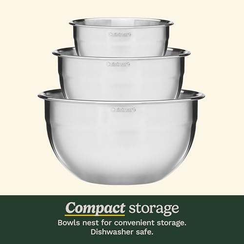 Cuisinart Mixing Bowl Set, Nesting Bowls, Stainless Steel, 3-Piece | 1.5, 3 & 5 qt. stainless steel mixing bowls for baking, cooking & prep, dishwasher safe, durable & compact, CTG-00-SMB