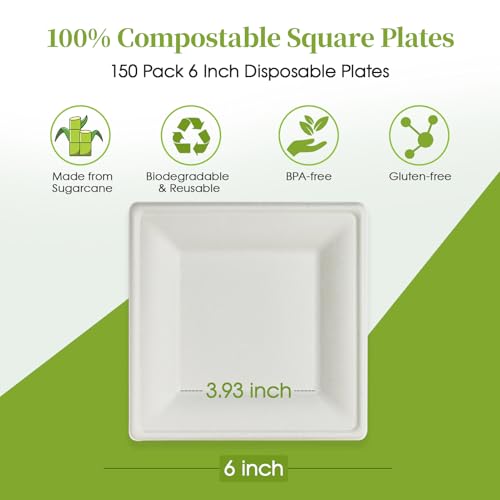 ECOLipak 150 Piecs Compostable Square Paper Plates, 6 inch, White | Eco-friendly Heavy Duty Biodegradable Sugarcane Disposable Paper Plates for Party Dinner Birthday
