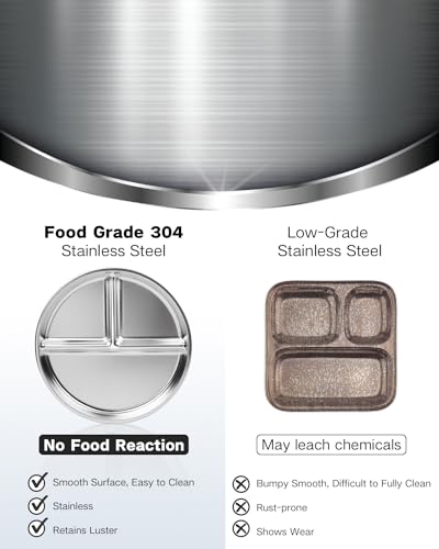 Bakpoco Stainless Steel Kids Plates 2 Packs, 9" Toddlers Divided Plates, Portion Control Plate for Bariatric Adults, Non Toxic Unbreakable Baby Dinner Dishes, 304 Metal Camping Food Tray