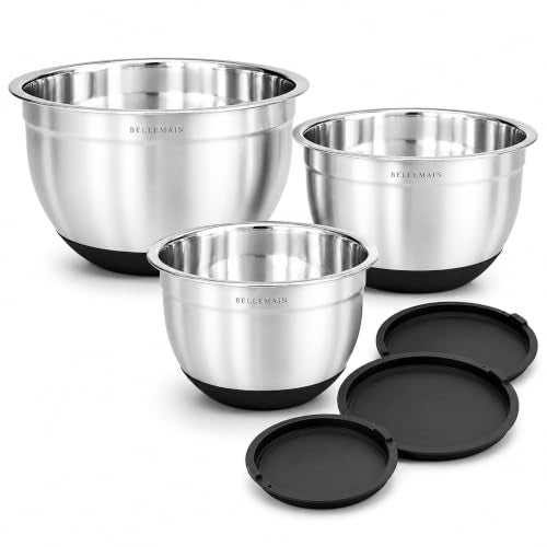 Bellemain Stainless Steel Mixing Bowls with Airtight Lids Set - Set of 3 | Non-slip Silicon Base, Kitchen Essentials for Baking & Serving (Mix, Serve, and Store), Rust-resistant, Dishwasher Safe