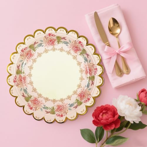 Xjoviative 48 PCS Vintage Floral Paper Plates 7 inch, Scalloped Flower Tea Party Plates Disposable Cake Dessert Plate for Birthday Bridal Shower Baby Shower Wedding Party Decorations (Floral)