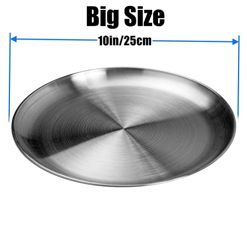 CAMBUY Stainless Steel Plates 10 inch 4 Pcs Metal Dinner Dishes Plate Set | Reusable Unbreakable Lightweight Non-Toxin Dishwasher Safe BPA Free Dish Set for Home Kitchen BBQ Restaurant Outdoor Camping