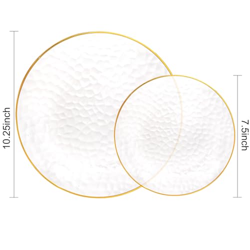 Rubtlamp 100Pcs Clear Gold Plastic Plates, Disposable Plates With Gold Rim, Heavy-duty Party Platos, Hammered Plastic Plates Include 50 Clear Dessert Plates, 50 Dinner Plates for Party