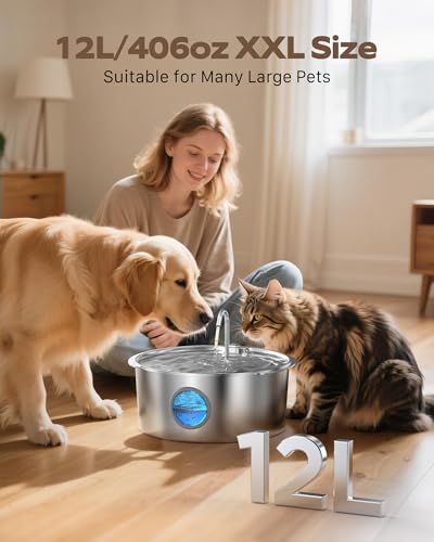 Dog Water Fountain for Large Dogs: Stainless Steel Dog Fountain Water Bowl | 3.2Gal/406oz/12L Super Quiet Big Cat Water Fountain with Visual Water Level -Great for Large Dogs Cats and Multi-Pet Home