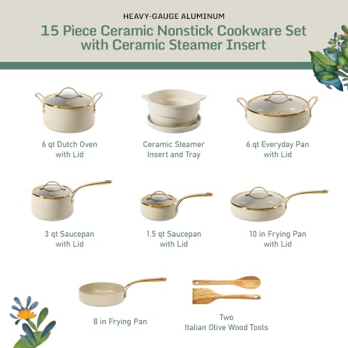 Bloomhouse 15-Piece Ceramic Nonstick Cookware Set, Two Time Oprah's Favorite Things, Heavy-Gauge Aluminum Pots and Pans Set, PFAS & PFOA & PTFE Free Ceramic Cookware, Oven Safe to 500°F, Almond Cream