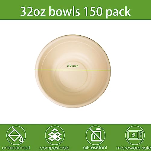 emlifepak 32oz Disposable Salad Bowls 150Pack, Big Paper Bowls, Large, Heavy-Duty, Eco-Friendly, Bulk Pack, Compostable Bowls, Biodegradable Made of Sugar Cane Fibers,Perfect For Salad
