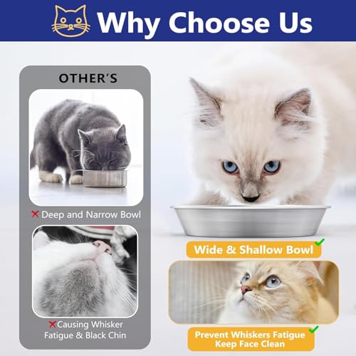 Petdream 4-Pack 304 Stainless Steel Cat Food Bowls, Non-Slip Basic Dishes | Food Grade Whisker-Friendly Silicone Bottom Water Metal Bowl, Easy to Clean Indoor Shallow Plates for Cat, Kitten, Pet (5.9")
