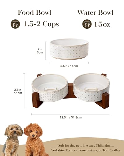 MALACASA Dog Bowl Set, Ceramic Bowls with Walnut Wood Stand, 2 Cups | Rhombic and Polka Dot Design, Non-Slip Base, for Cats and Dogs, About 26% Heavier than Similar Ceramic Bowls