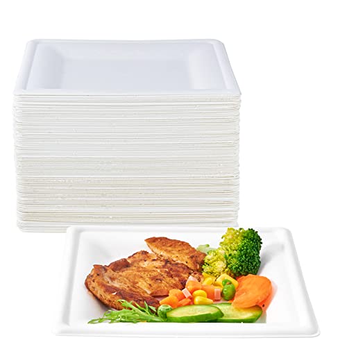 ECOLipak 150 Piecs Compostable Square Paper Plates, 6 inch, White | Eco-friendly Heavy Duty Biodegradable Sugarcane Disposable Paper Plates for Party Dinner Birthday