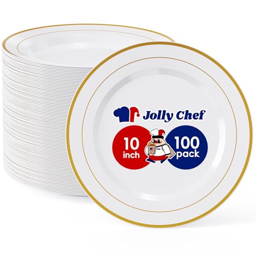 100PCS Plastic Plates 10 Inch Heavy Duty Disposable Plates for Everyday Use | White Disposable Plastic Plates with Gold Rim for Weddings, Parties, Christmas, Birthdays and Events
