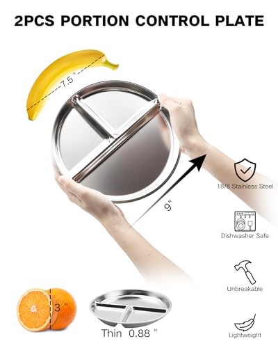 Bakpoco Stainless Steel Kids Plates 2 Packs, 9" Toddlers Divided Plates, Portion Control Plate for Bariatric Adults, Non Toxic Unbreakable Baby Dinner Dishes, 304 Metal Camping Food Tray