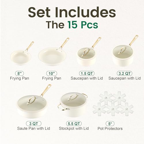 Chef Power Ceramic Cookware Sets, 15Pcs Pots and Pans Set Non Stick
