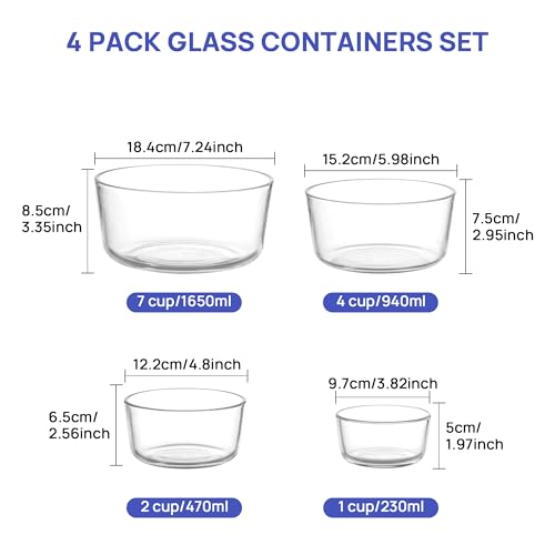 Vtopmart 4 Pack Glass Bowls with Lids (1, 2, 4, 7 Cup) | Food Storage Containers, Meal Prep and Leftovers Keeper, Lunch Container, Microwave, Dishwasher & Freezer Safe, BPA Free