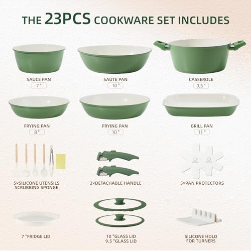 BECIGAR 23pcs Ceramic Pots and Pans Set, Nonstick Detachable Handle Cookware, Induction Kitchen Cooking Set, Include Frying Pans & Saucepans Oven Safe(Green)