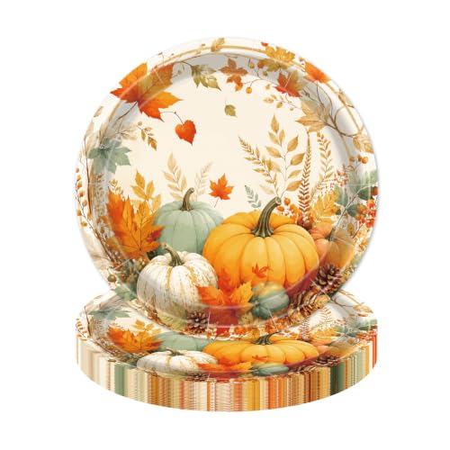 LDFDRT 7 Inch Fall Paper Plates 50pcs Pumpkin Thanksgiving Dessert Plates | Fall Themed Paper Plates Autumn Leaf Pumpkin Design Disposable Thanksgiving Dessert Plates for Fall Birthday,Holiday Party