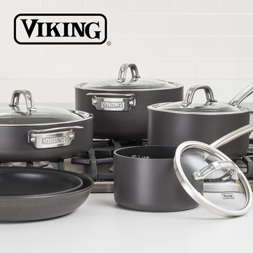 Viking Pots and Pans Set Non Stick, 10 Piece Hard Anodized Kitchen Cookware with Glass Lids, Black