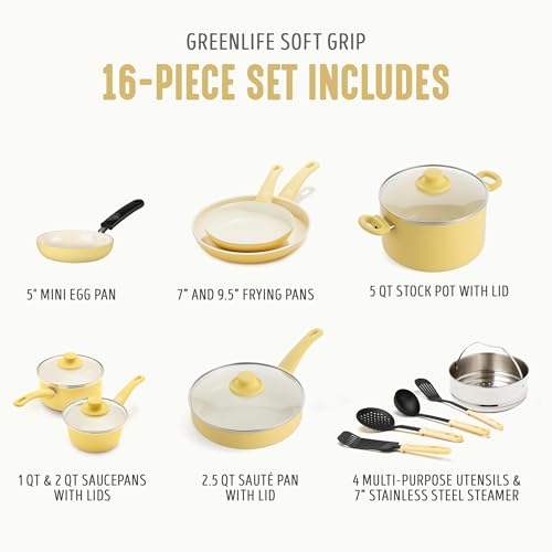 GreenLife 16 Piece Ceramic Nonstick Pots & Pans Cookware Set, Yellow