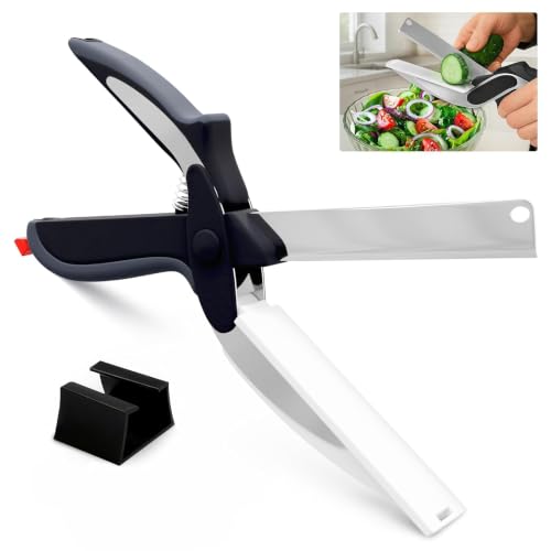2 in 1 Kitchen Scissors for Food, Cutting Board Scissors with Safety Lock | Tomato Knife Alternative for Soft Veggies, Fruit & Cheese, 9 1/2 Inch Stainless Steel, Right or Left Hand, Dishwasher Safe