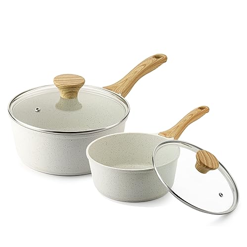SENSARTE White Ceramic Nonstick Saucepan with Lid Set, Small Cooking Pot with Stay Cool Handle, Induction Compatible Saucepot, White Granite Coating, PFOA/PFAS Free, 1.5 + 2.5QT