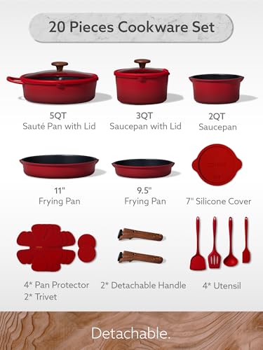 CAROTE 20pcs Titanium Cookware Set, Detachable Handle Pots and Pans Set