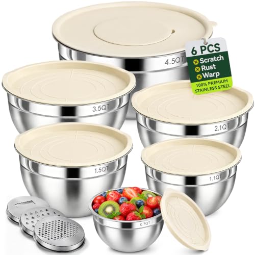 RFAPPMV Stainless Steel Mixing Bowls: 6-Piece Prep & Storage Set with Lids | Heavy-Gauge Anti-Warp - 0.7/1.1/1.5/2.1/3.5/4.5 QT Stainless Steel Bowls for Mixing & Serving - Stackable Set Saves 70% Space