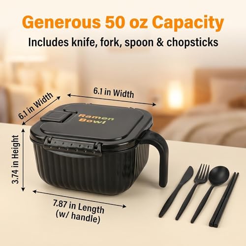 Ramen Bowl Set,Ramen Noodle Bowls for Large Square or Round Noodle Microwavable 45 oz, Ramen Cooker, Microwave Pasta Cooker, Food Container Microwave Gift for College Male Female Dorm Room(black)